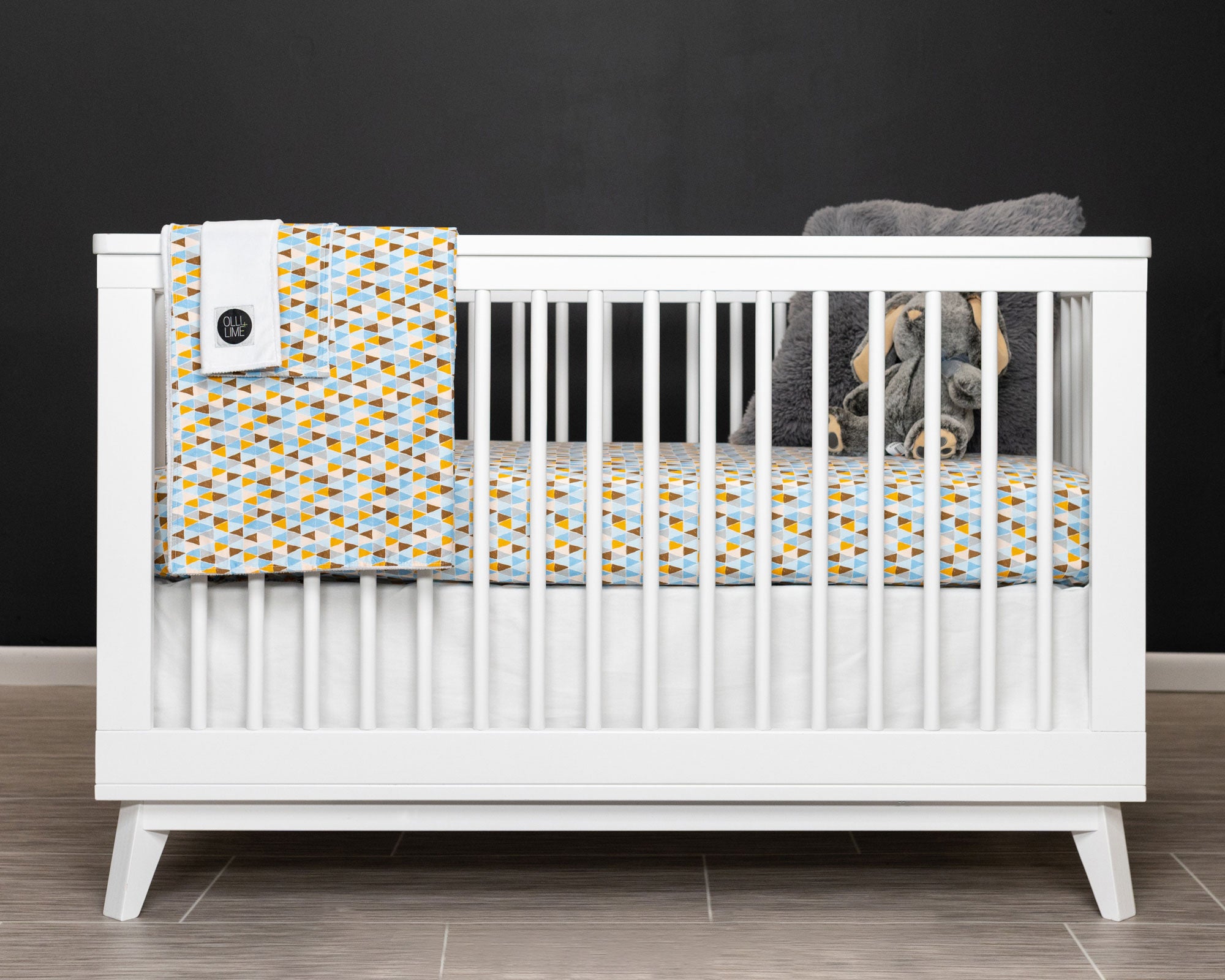 Blue Banners Marching - Deluxe Nursery Bedding Set - Blue/Topaz/Umber Triangles - Olli+Lime